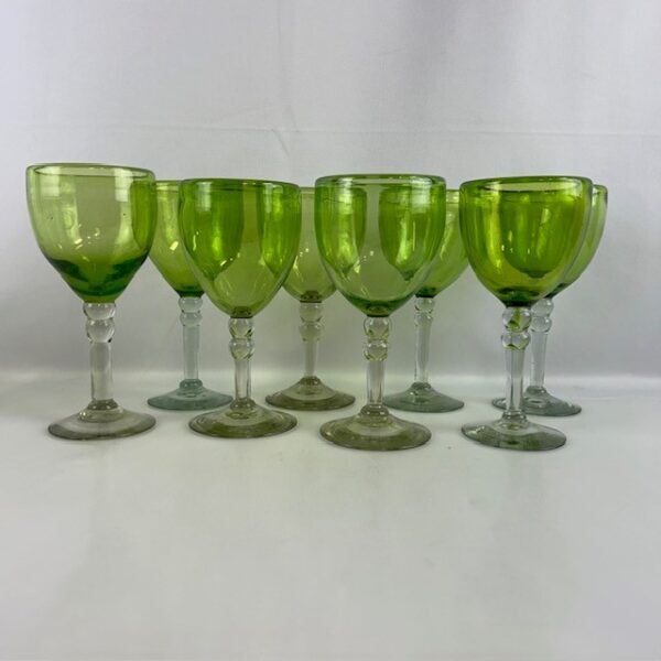 Set of Eight Green Blown Wine Glasses