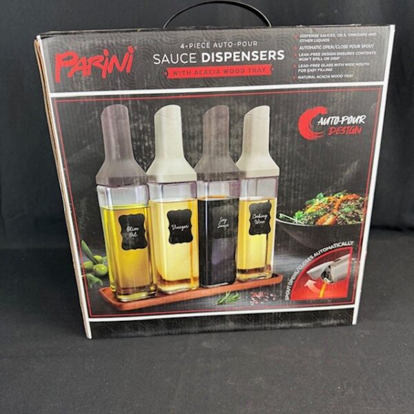 NIB Parini Four Piece Auto-Pour Sauce Dispensers With Acacia Wood Tray