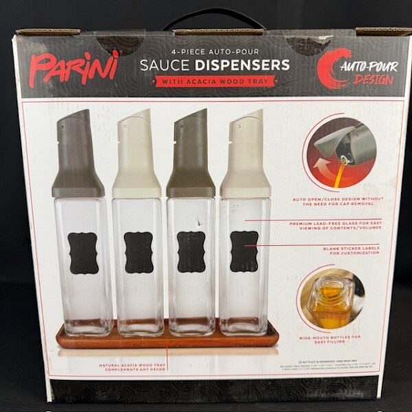 NIB Parini Four Piece Auto-Pour Sauce Dispensers With Acacia Wood Tray