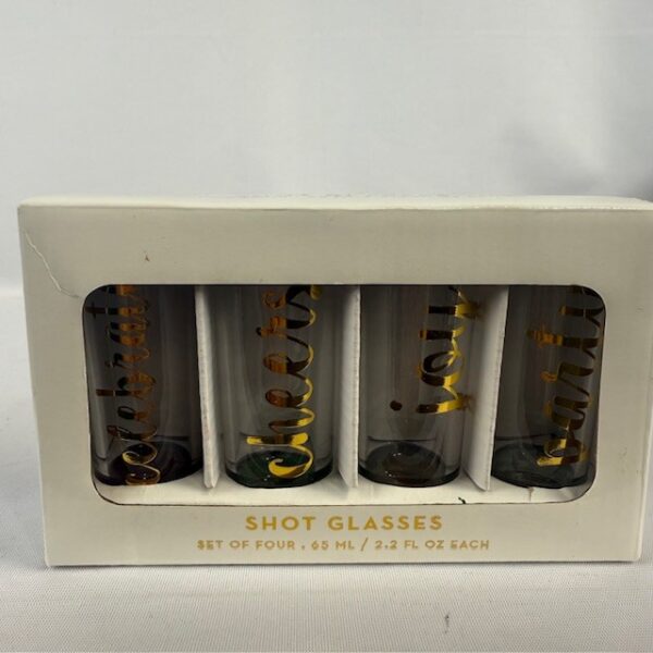 NIB Four Shot Glasses with Gold Lettering