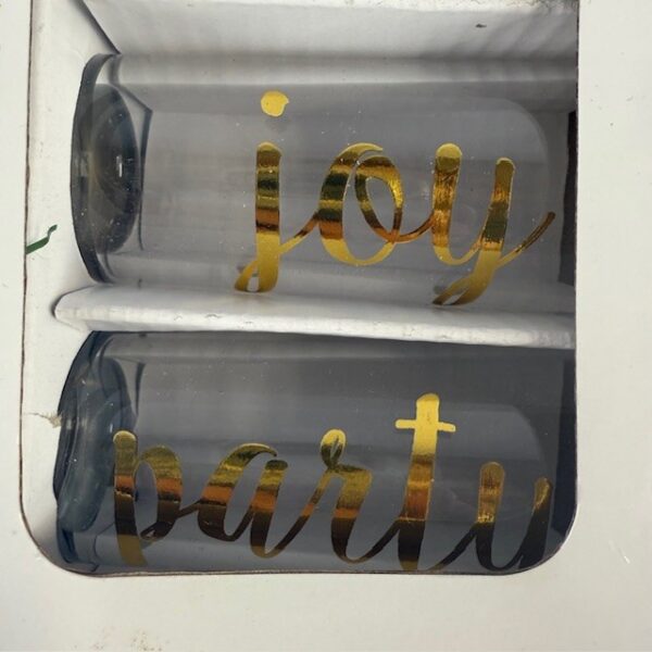 NIB Four Shot Glasses with Gold Lettering