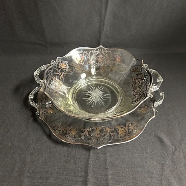 Silver Overlay Glass Handled Bowl and Platter