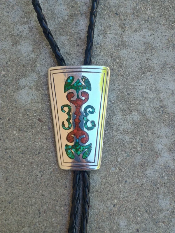 VTG Old Pawn Turquoise & Coral Inlay Bolo Tie