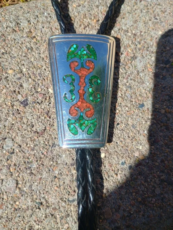 VTG Old Pawn Turquoise & Coral Inlay Bolo Tie