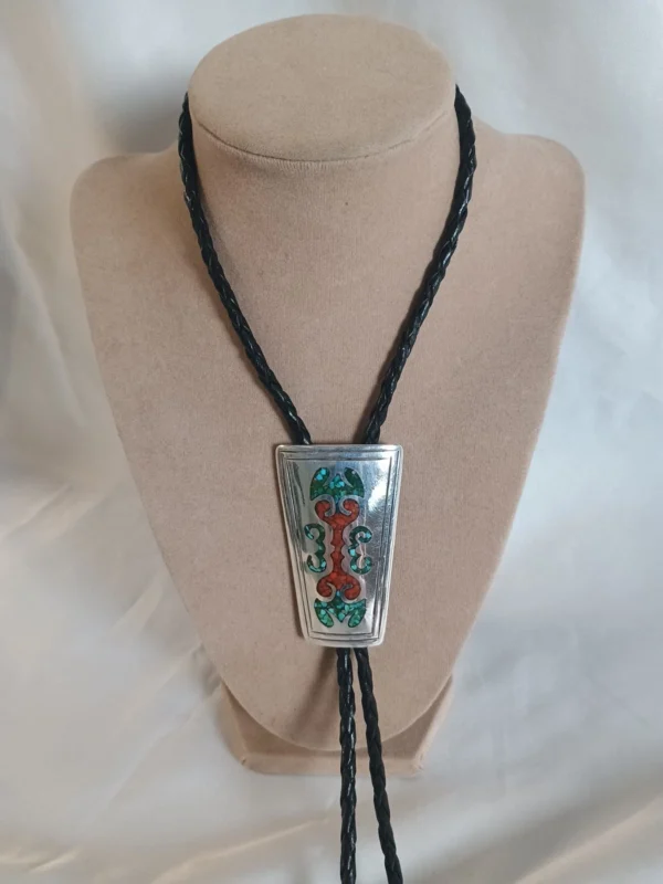 VTG Old Pawn Turquoise & Coral Inlay Bolo Tie