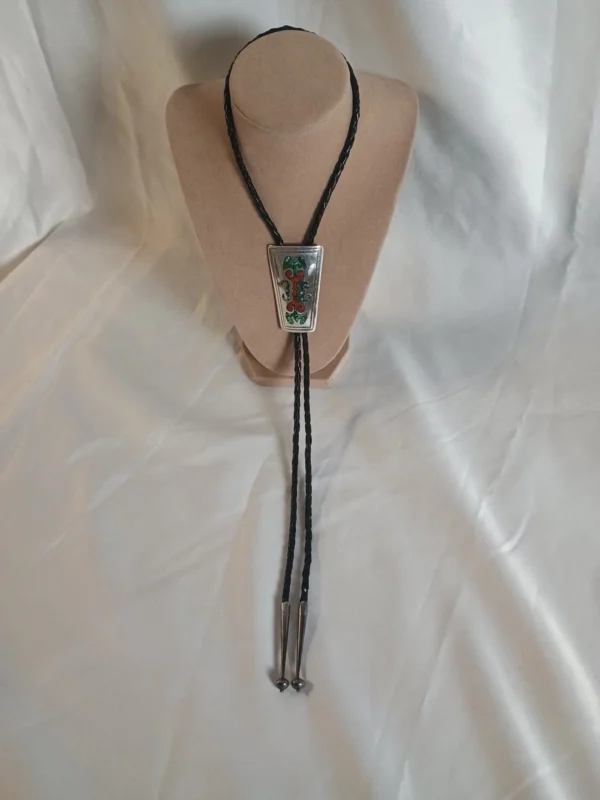 VTG Old Pawn Turquoise & Coral Inlay Bolo Tie