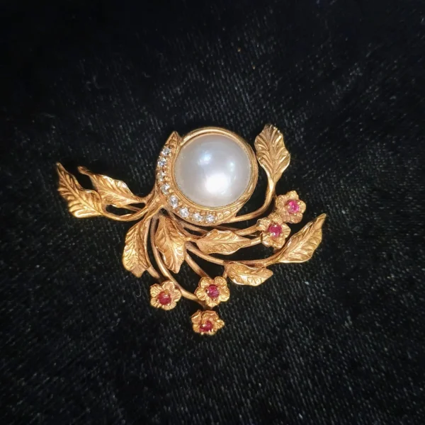 VTG Givenchy 14K Gold, Diamond, Ruby & Pearl Brooch