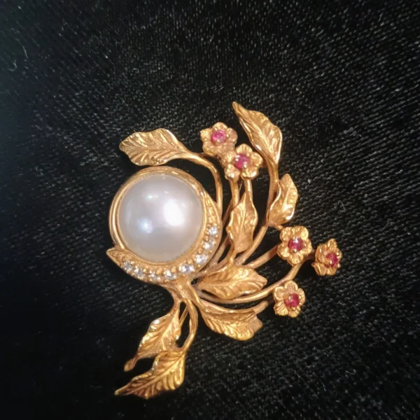 VTG Givenchy 14K Gold, Diamond, Ruby & Pearl Brooch