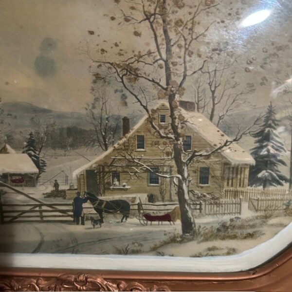 VTG Winter Scene Convex Bubble Glass Framed Painting
